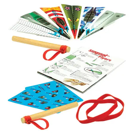 Slingshot flyers - a toy complete with a wooden stick, rubber band, and toy airplanes to fly.