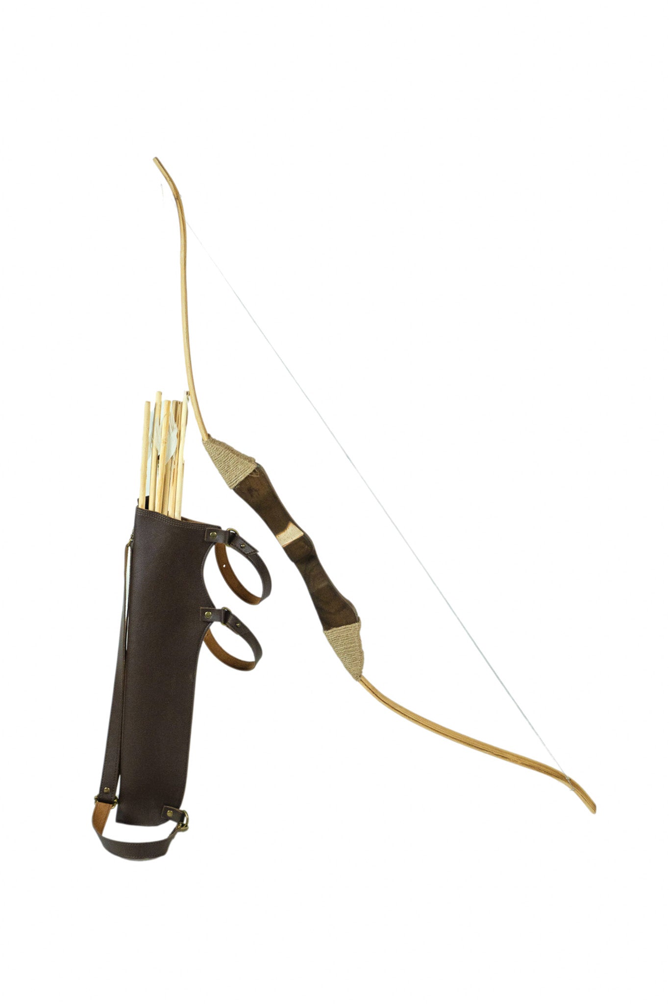 Wooden Toy Bow and Arrow Set with Felt or Leather Quiver & Six Rubber Tipped Arrows