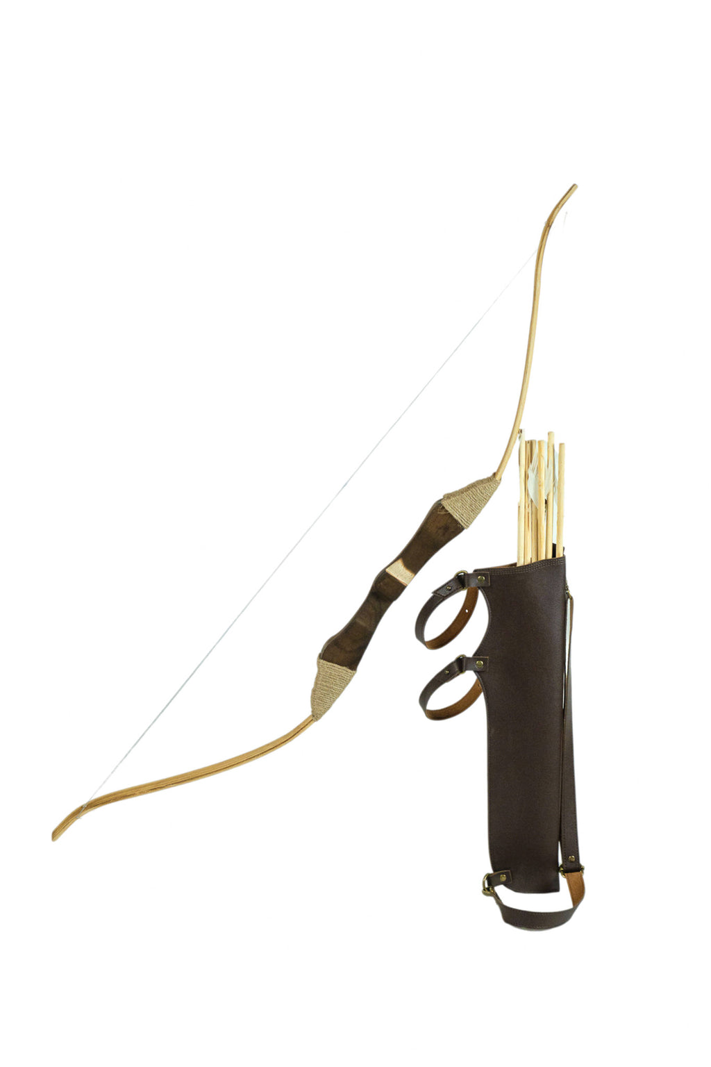 Wooden Toy Bow and Arrow Set with Felt or Leather Quiver & Six Rubber Tipped Arrows