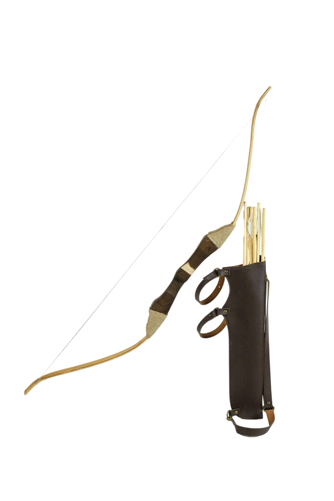 Wooden Toy Bow and Arrow Set with Felt or Leather Quiver & Six Rubber Tipped Arrows