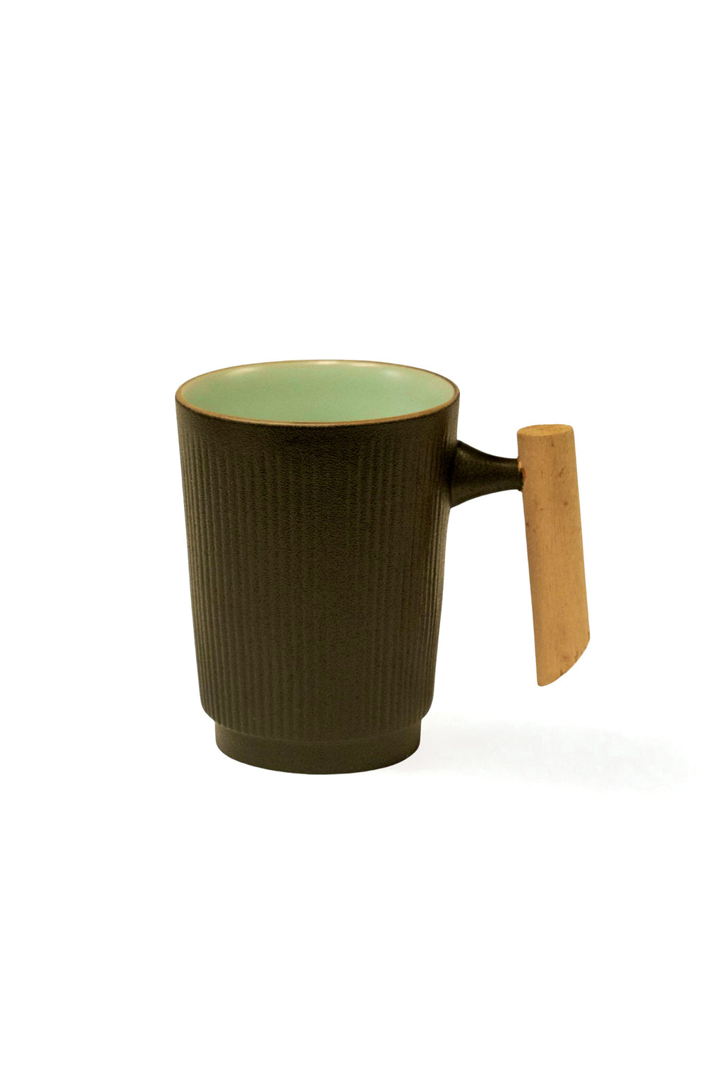 Ribbed Ceramic Charcoal Gray Mug with Wooden Handle