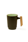 Ribbed Ceramic Charcoal Gray Mug with Wooden Handle