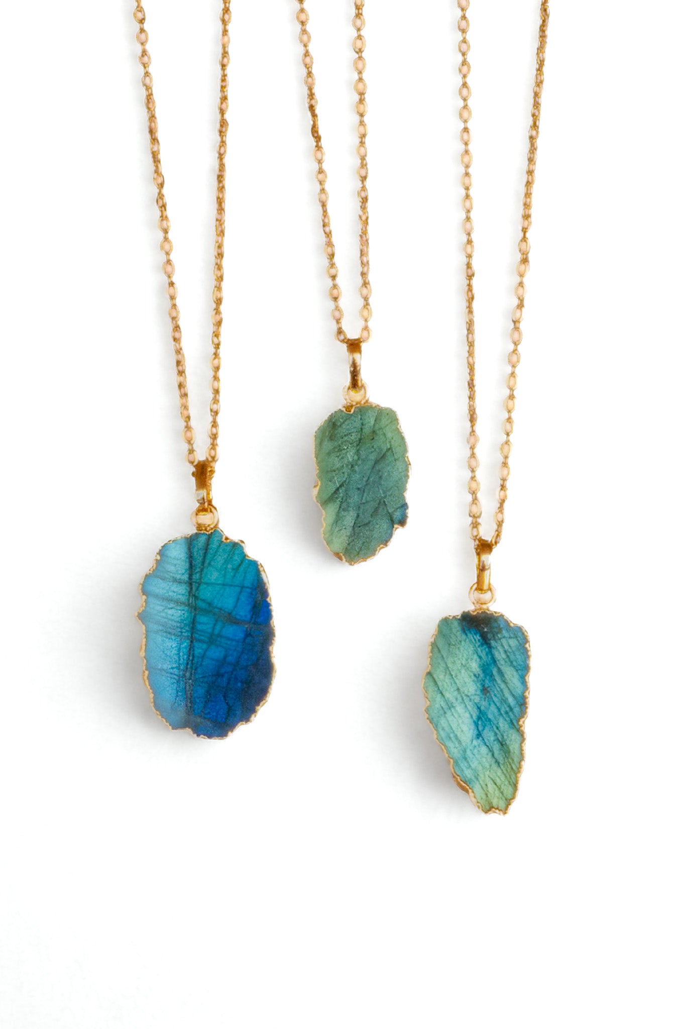 Abstract Labradorite Flat Pendant Gold Dipped With 22" Gold Chain - Assorted Shapes and Sizes