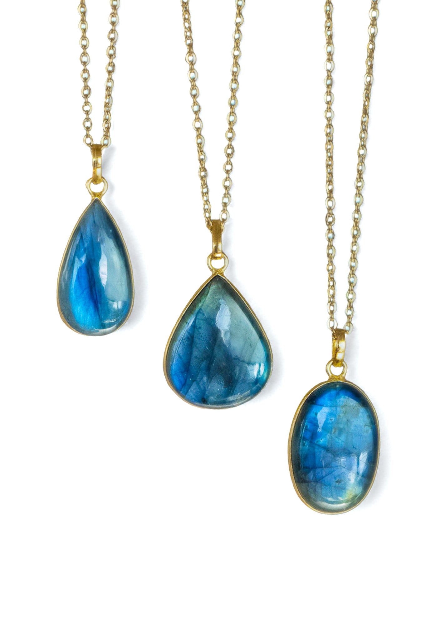 Polished Labradorite Pendant With Gold 22" Chain - Assorted Shapes and Sizes