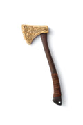 Wooden Play Axe with Norse Motif Engraving and Leather Wrapped Handle
