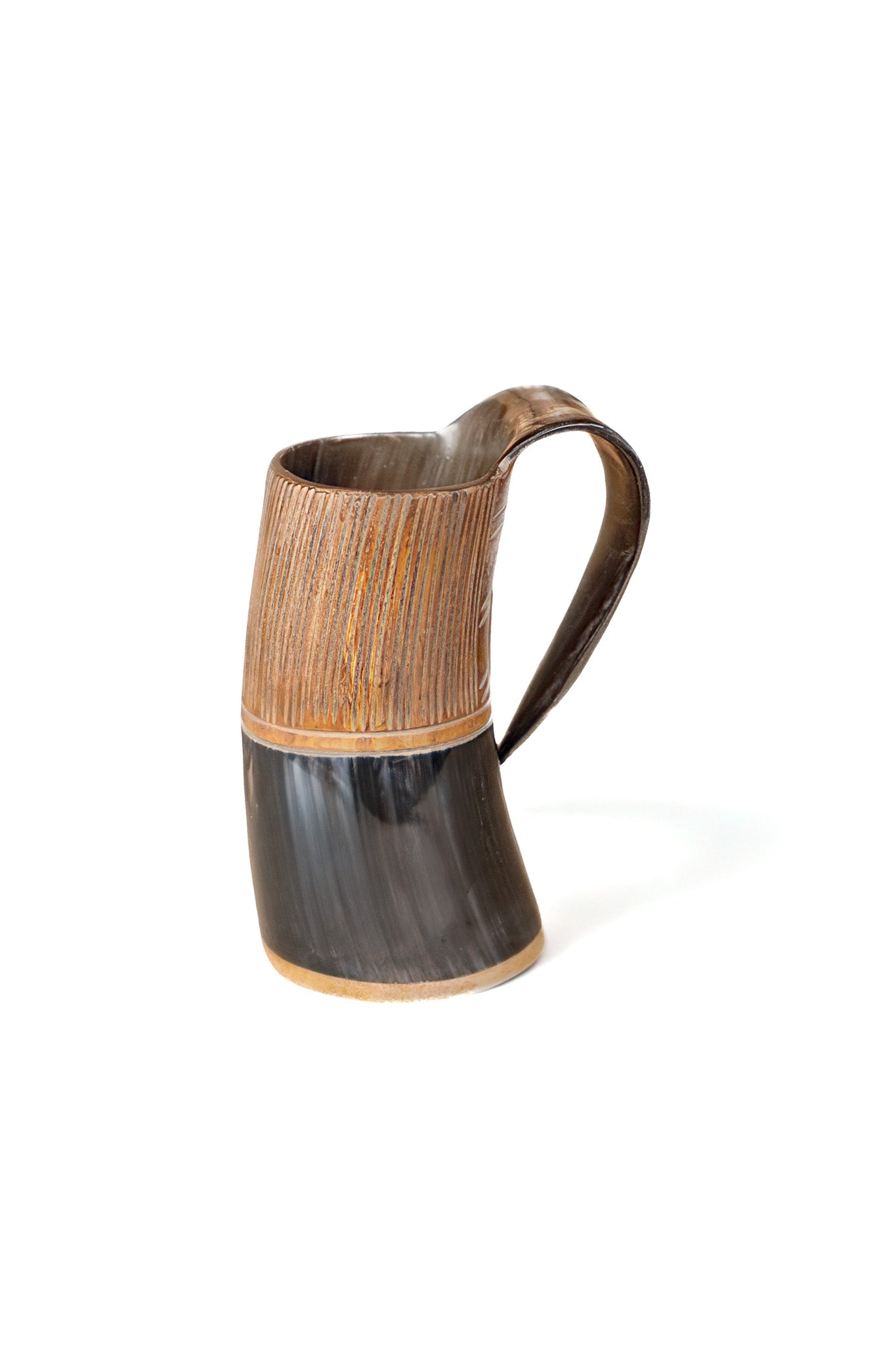 Two-Tone Horn Stein with Carved Motif and Wood Base - Size and Style Varying