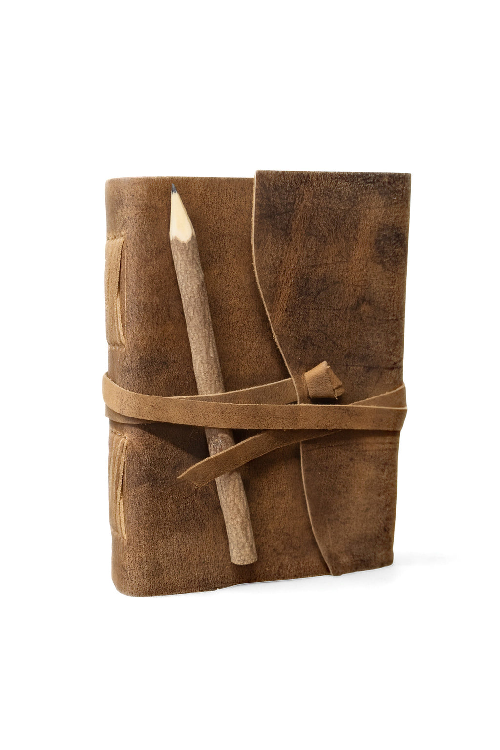 Genuine Leather Journal with Antiqued Handmade Pages, Leather Strip Closure, and Wooden Pencil