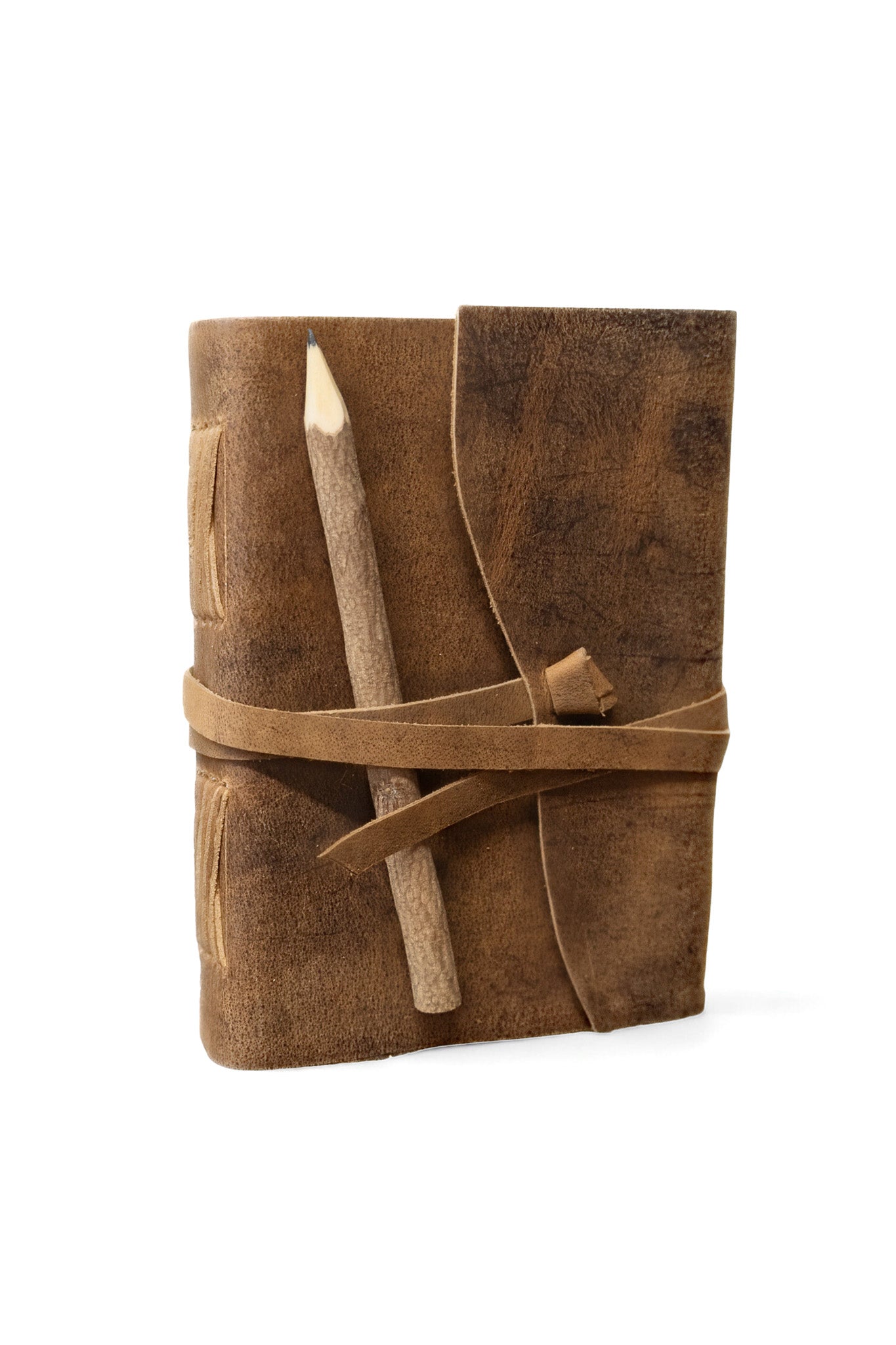 Genuine Leather Journal with Antiqued Handmade Pages, Leather Strip Closure, and Wooden Pencil