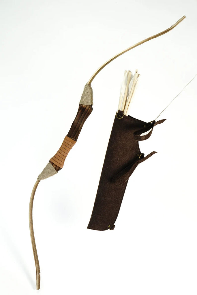 Wooden Toy Bow and Arrow Set & Six Rubber Tipped Arrows With Leather or Felt Quiver Option
