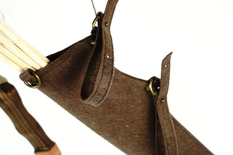 Wooden Toy Bow and Arrow Set & Six Rubber Tipped Arrows With Leather or Felt Quiver Option