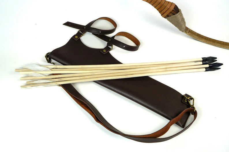 Wooden Toy Bow and Arrow Set & Six Rubber Tipped Arrows With Leather or Felt Quiver Option