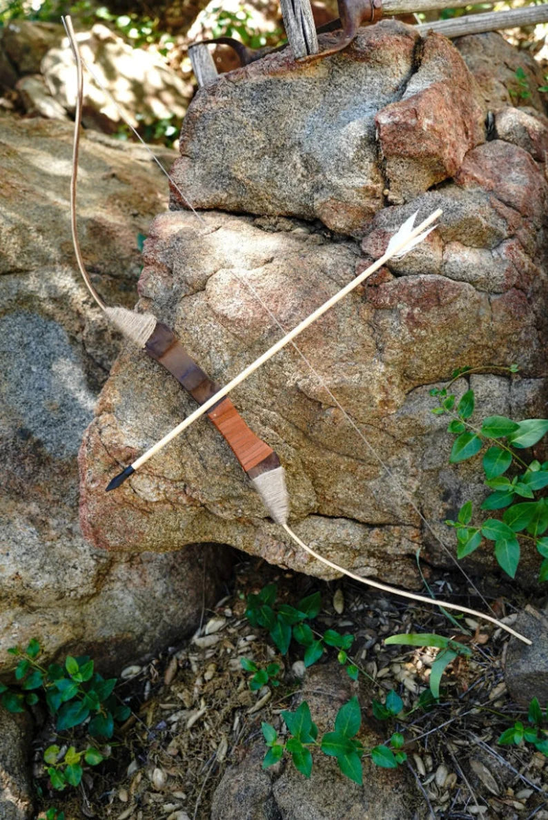 Wooden Toy Bow and Arrow Set & Six Rubber Tipped Arrows With Leather or Felt Quiver Option