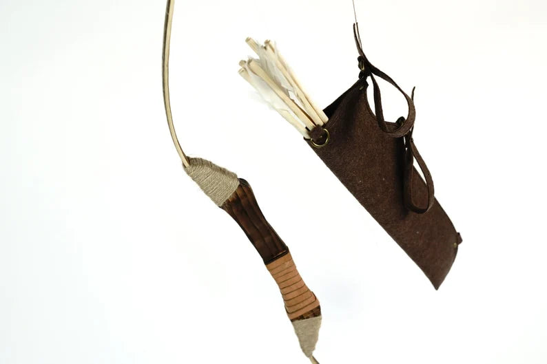 Wooden Toy Bow and Arrow Set & Six Rubber Tipped Arrows With Leather or Felt Quiver Option