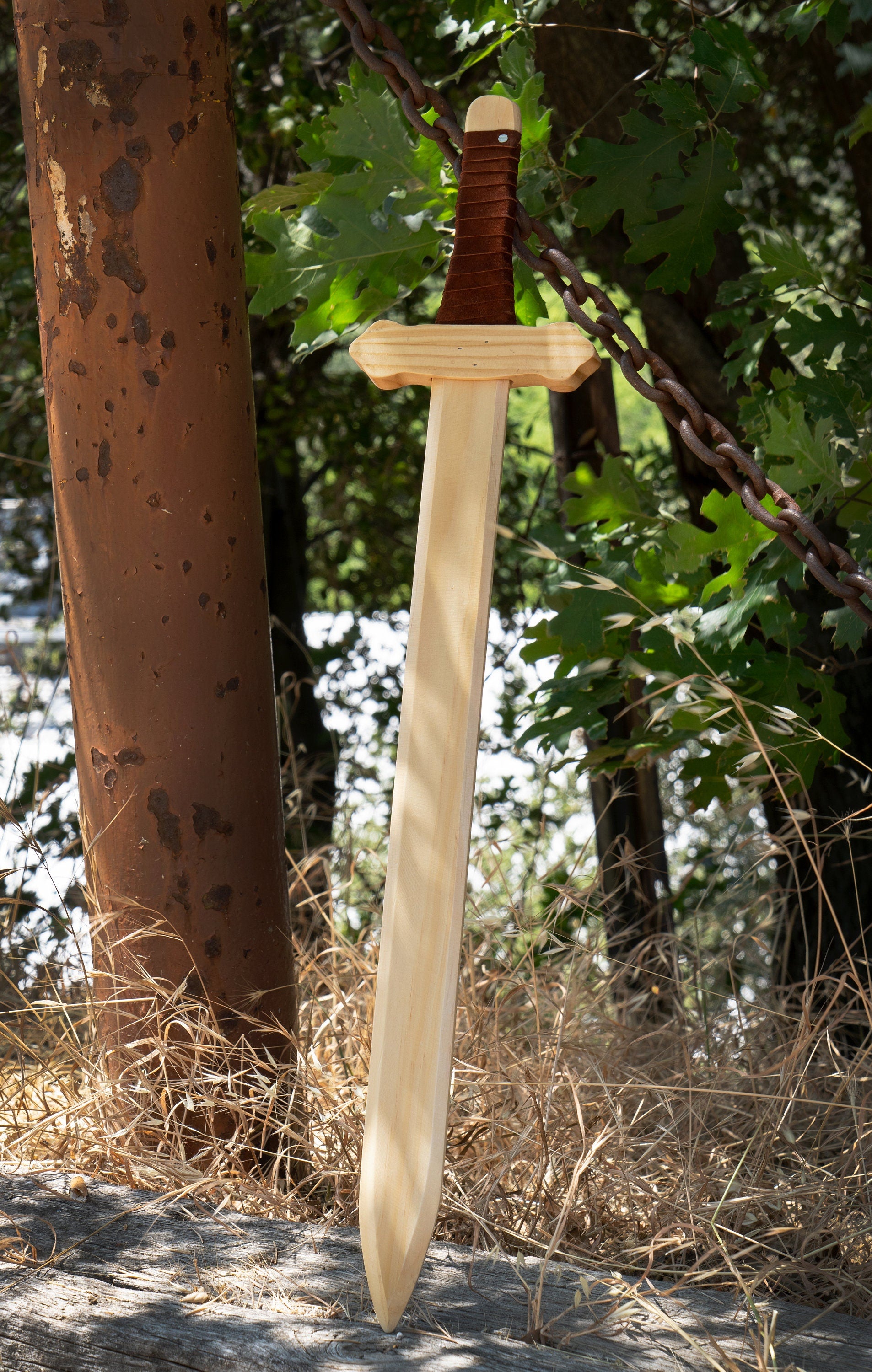 Sturdy Wooden Sword with Leather Wrapped Handle