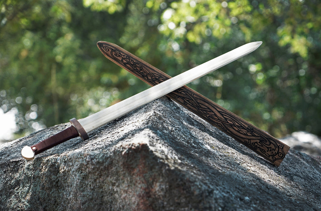 Mini Wooden Viking Sword with Norse Motif, Wooden Sheath and Leather Wrapped Handle