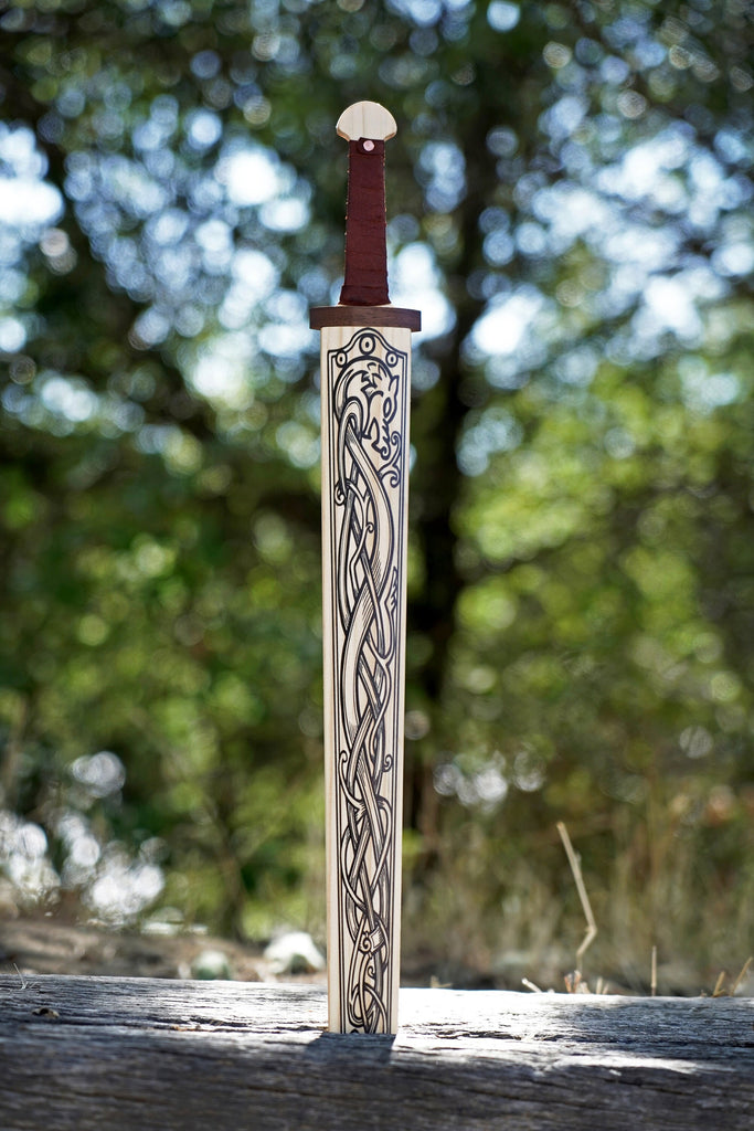 Mini Wooden Viking Sword with Norse Motif, Wooden Sheath and Leather Wrapped Handle