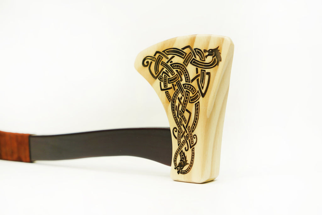 Wooden Play Axe with Norse Motif Engraving and Leather Wrapped Handle