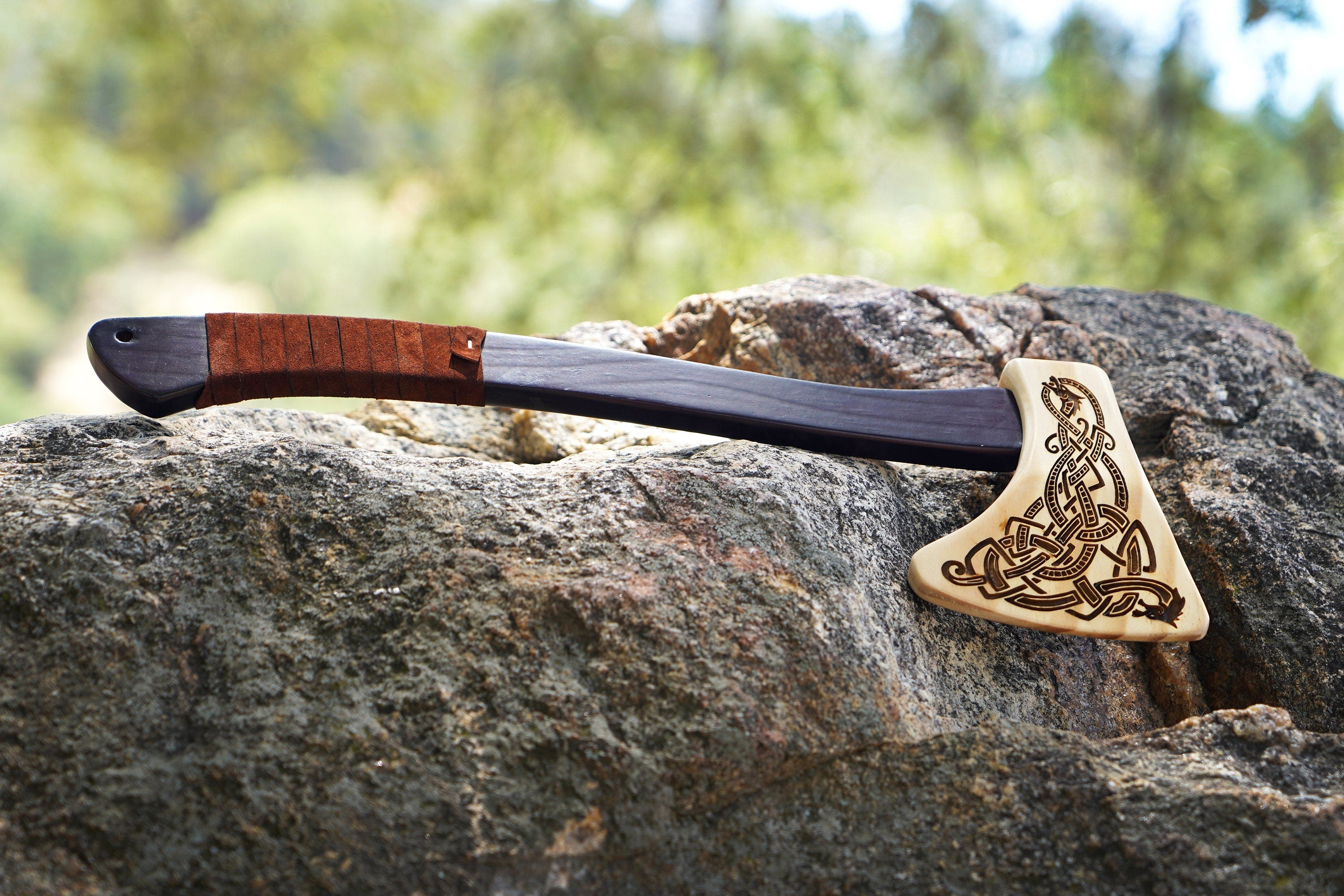 Wooden Play Axe with Norse Motif Engraving and Leather Wrapped Handle
