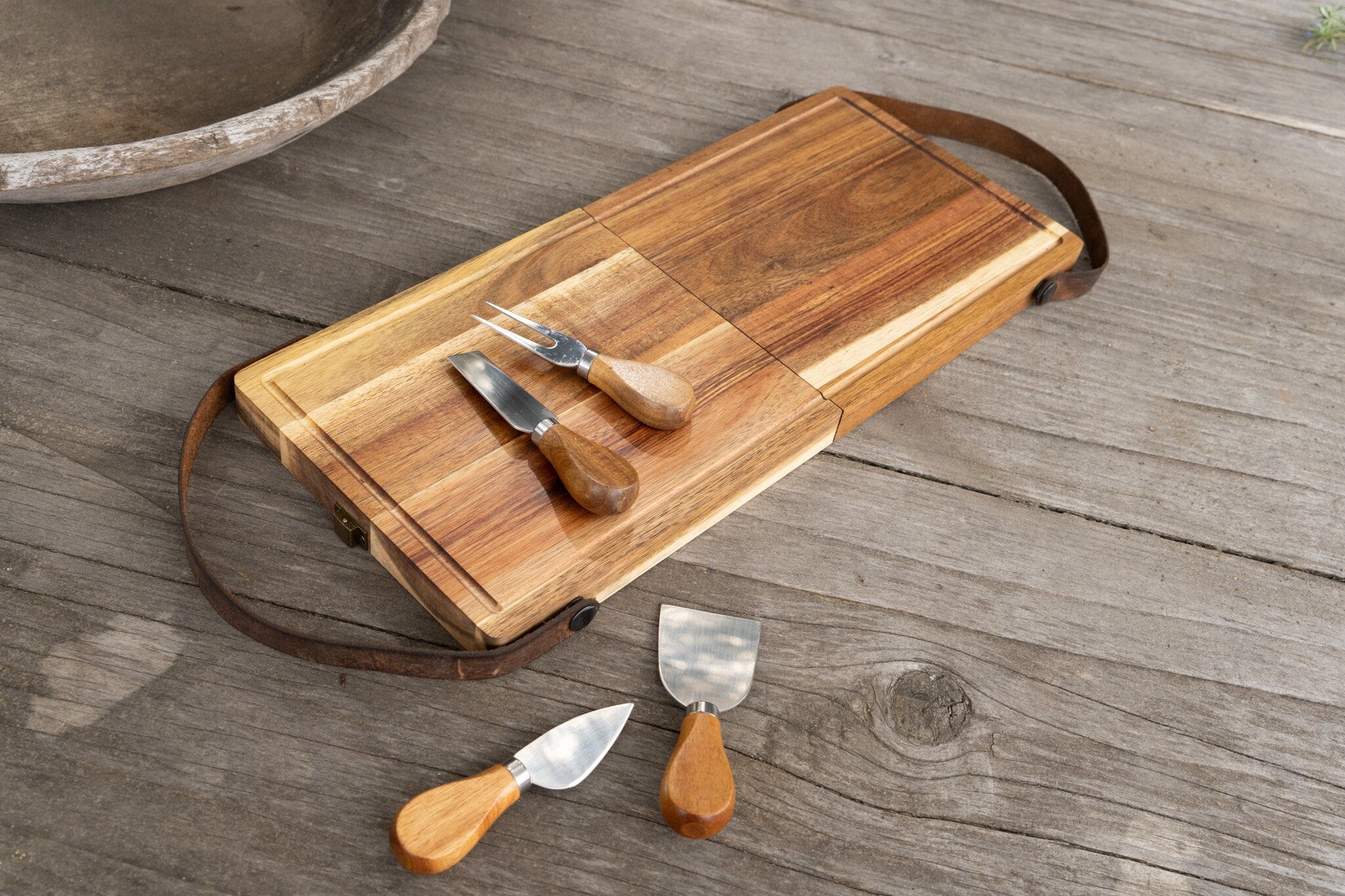 Foldable Cutting / Serving / Picnic Board with Magnetic Internal Utensil Storage and Leather Handles