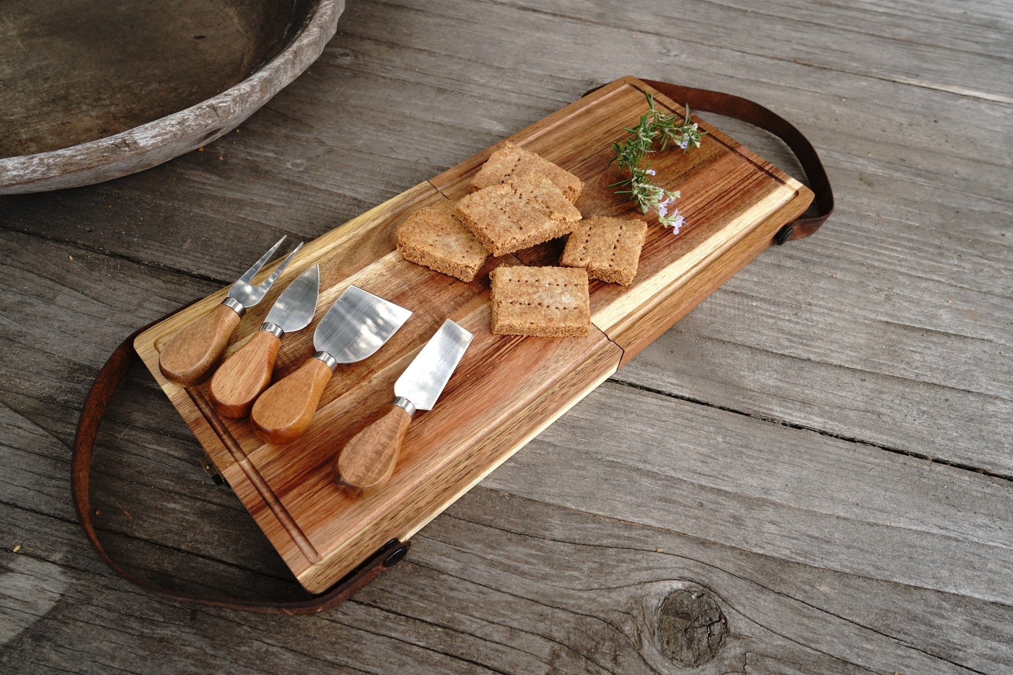 Foldable Cutting / Serving / Picnic Board with Magnetic Internal Utensil Storage and Leather Handles