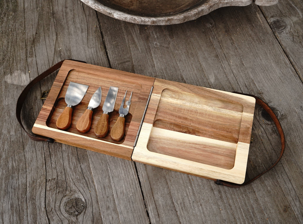 Foldable Cutting / Serving / Picnic Board with Magnetic Internal Utensil Storage and Leather Handles