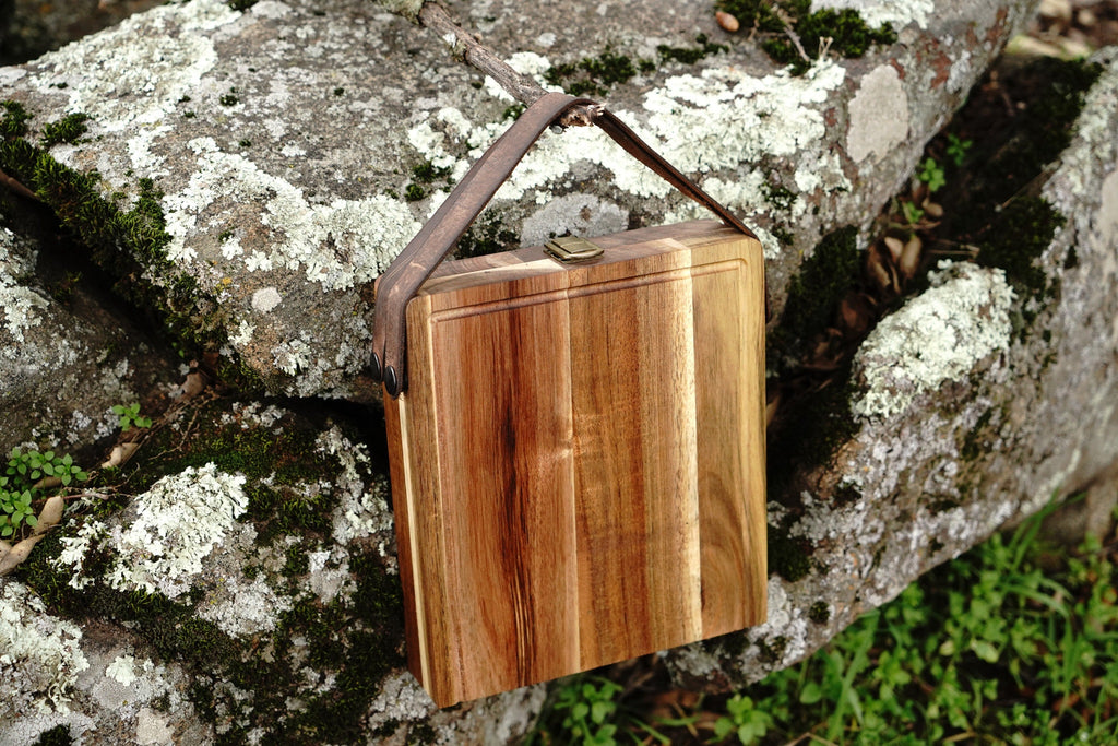 Foldable Cutting / Serving / Picnic Board with Magnetic Internal Utensil Storage and Leather Handles