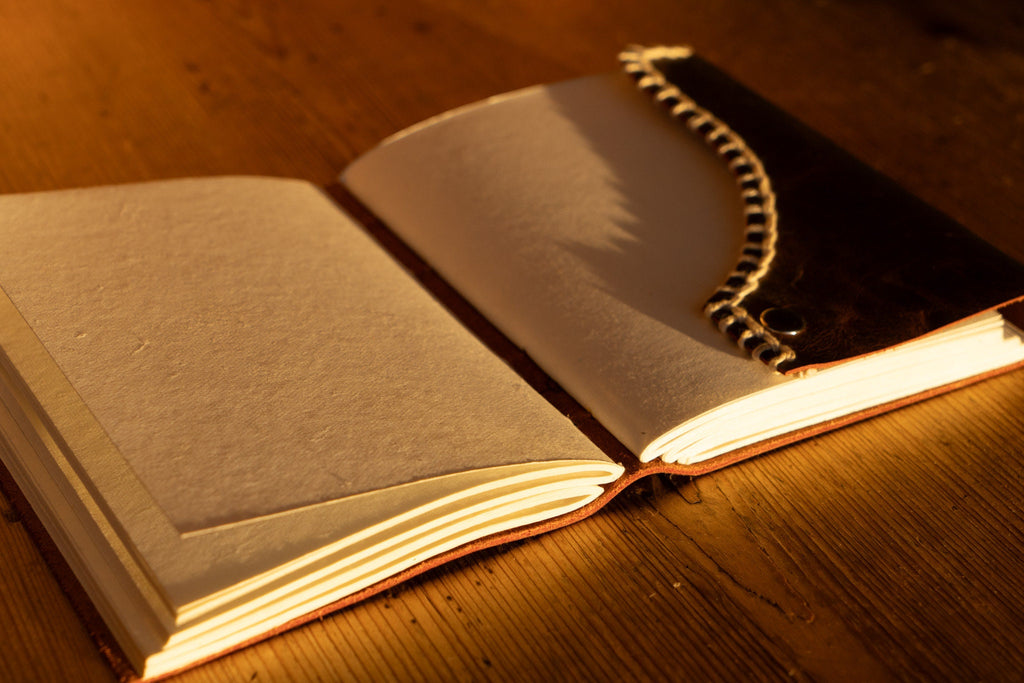 Rustic Distressed Brown Leather Journal with Decorative White Blanket Edge Stitch