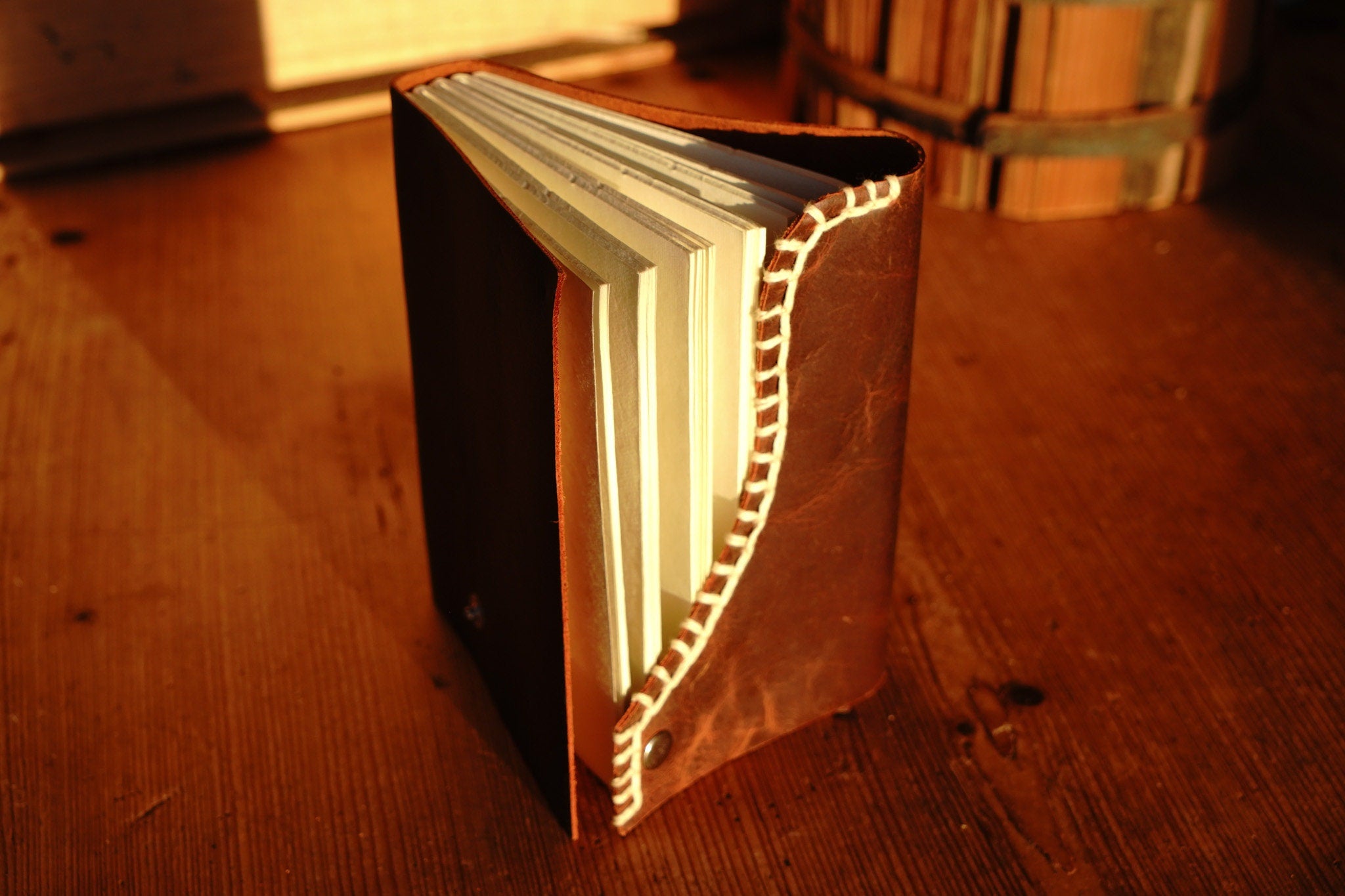 Rustic Distressed Brown Leather Journal with Decorative White Blanket Edge Stitch