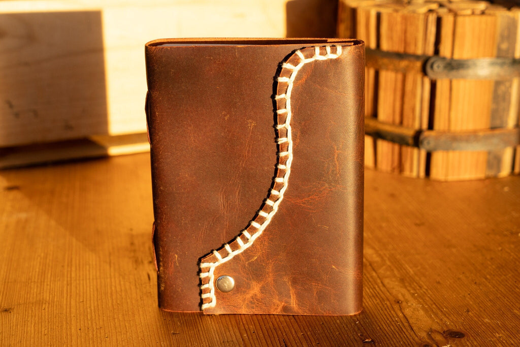 Rustic Distressed Brown Leather Journal with Decorative White Blanket Edge Stitch