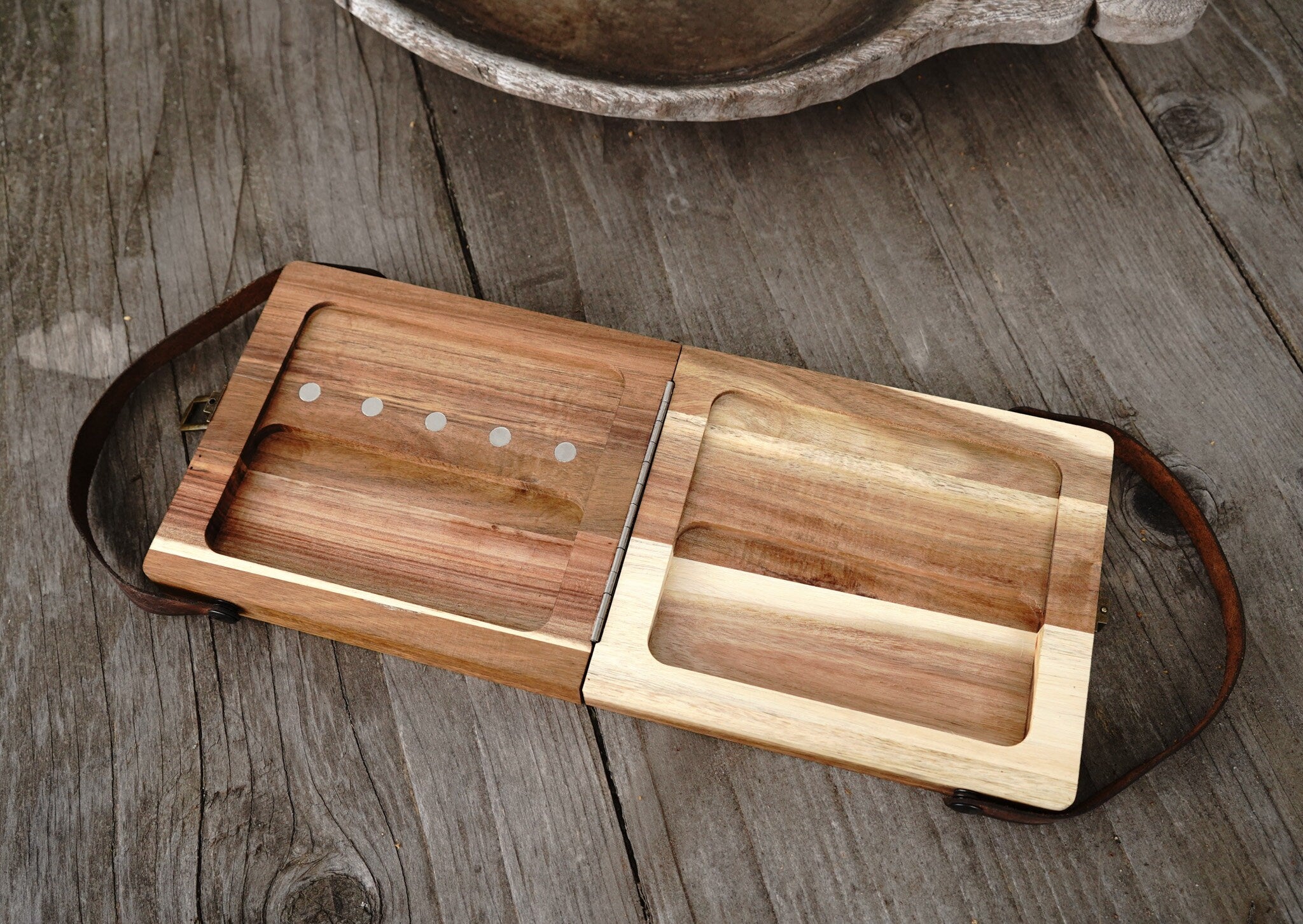 Foldable Cutting / Serving / Picnic Board with Magnetic Internal Utensil Storage and Leather Handles