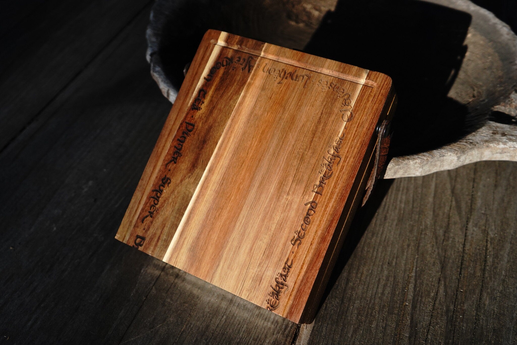 Leather Handle Hobbit Meals Acacia Wood Folding Travel Cutting Board with Internal Utensil Storage