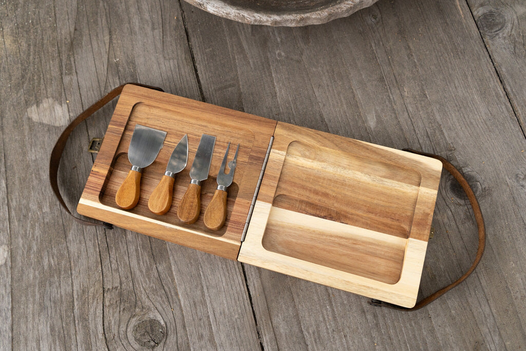 Leather Handle Hobbit Meals Acacia Wood Folding Travel Cutting Board with Internal Utensil Storage