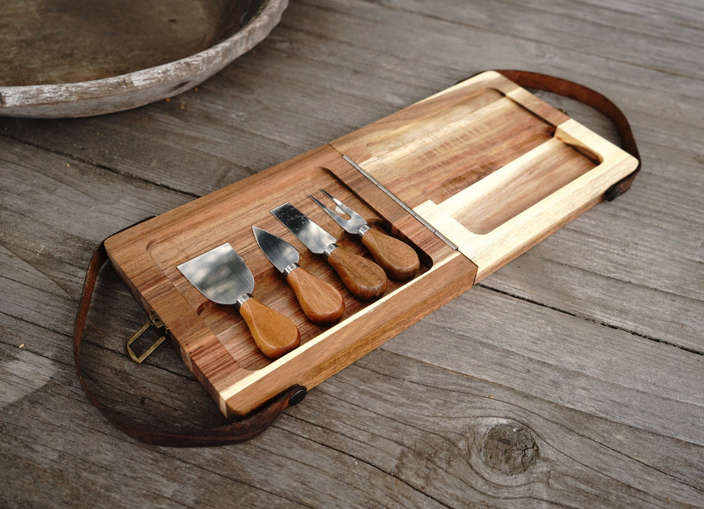 Leather Handle Hobbit Meals Acacia Wood Folding Travel Cutting Board with Internal Utensil Storage