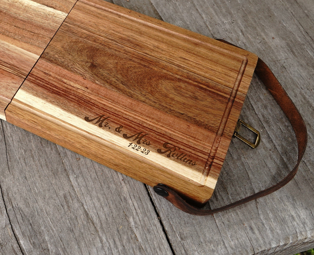 Foldable Cutting / Serving / Picnic Board with Magnetic Internal Utensil Storage and Leather Handles