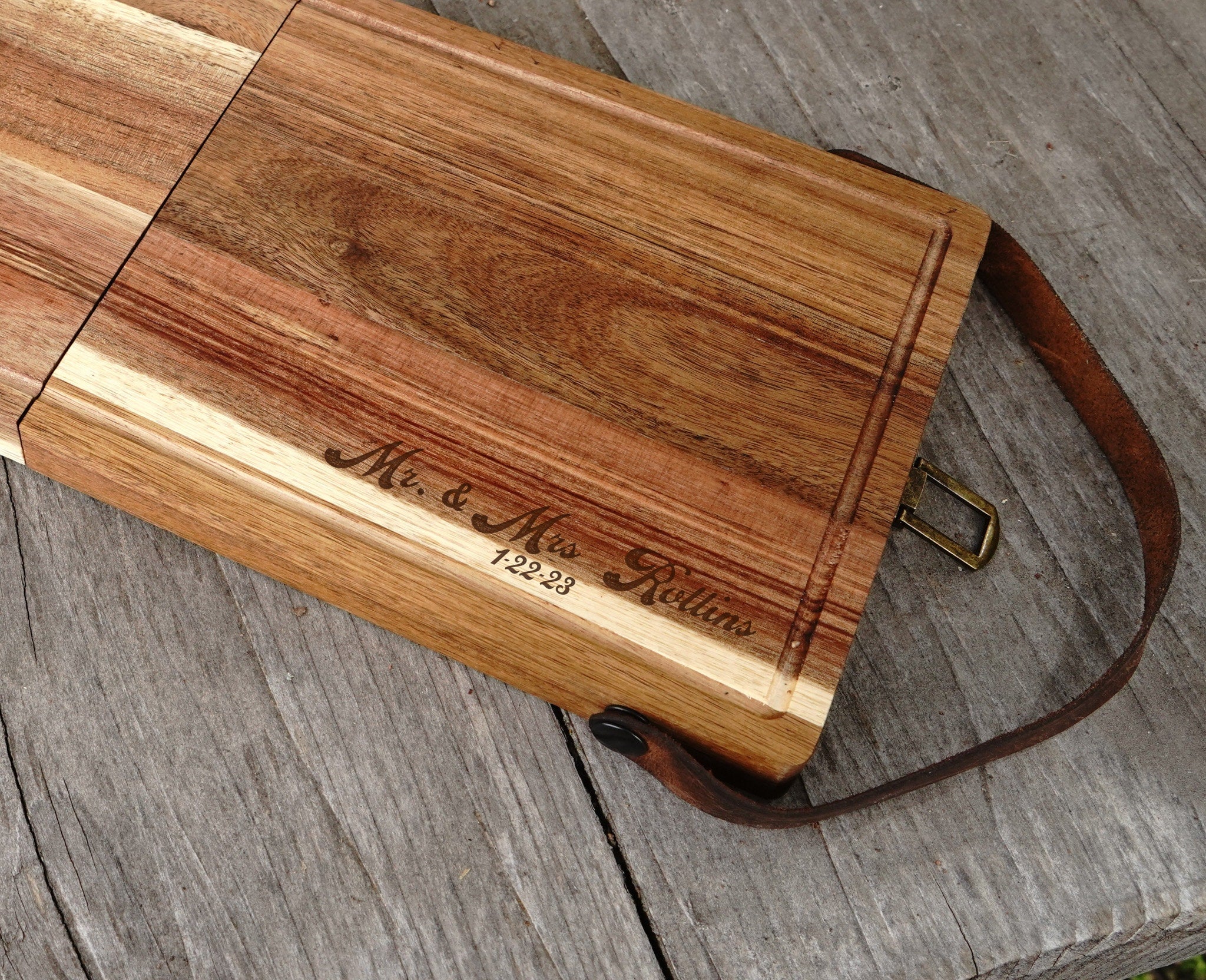 Foldable Cutting / Serving / Picnic Board with Magnetic Internal Utensil Storage and Leather Handles