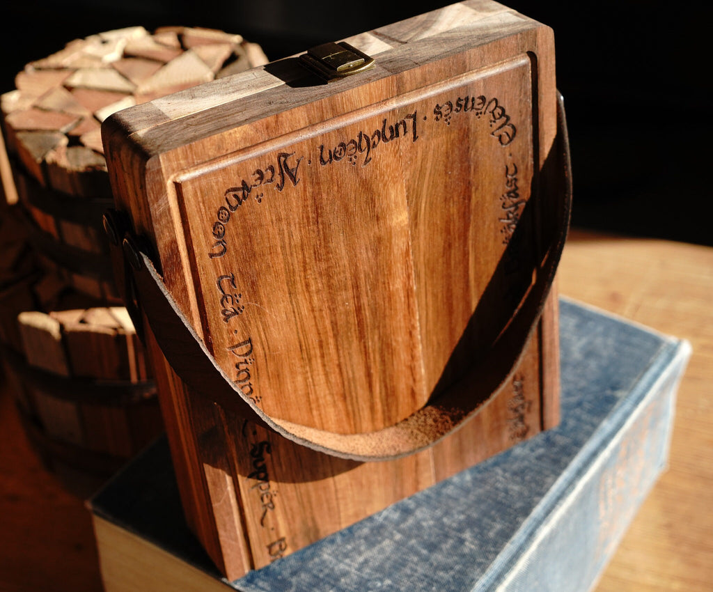 Leather Handle Hobbit Meals Acacia Wood Folding Travel Cutting Board with Internal Utensil Storage