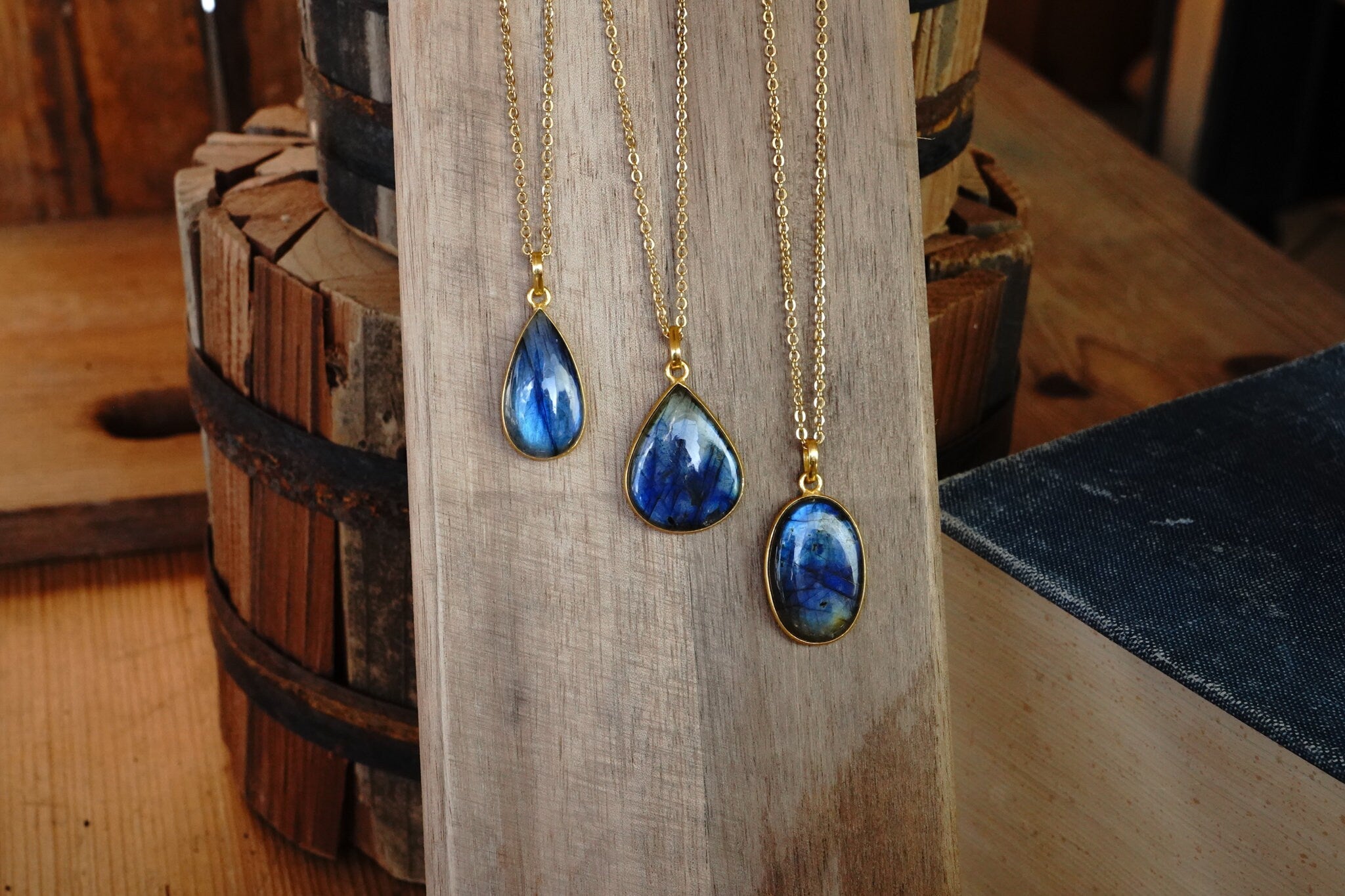 Polished Labradorite Pendant With Gold 22" Chain - Assorted Shapes and Sizes