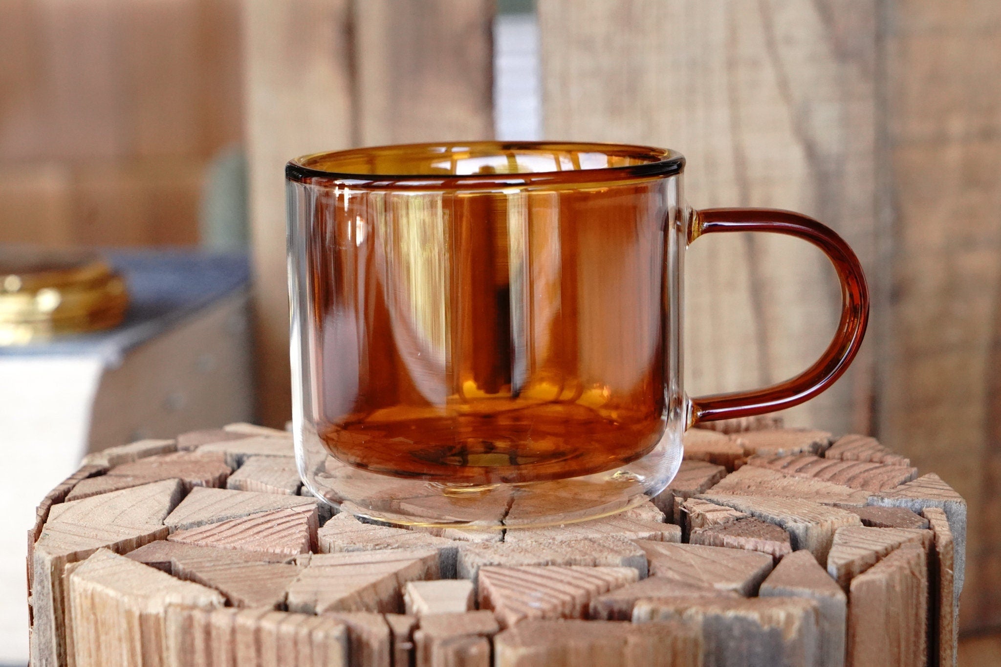 Double Walled Glass Tea / Coffee Mug - Vintage Amber