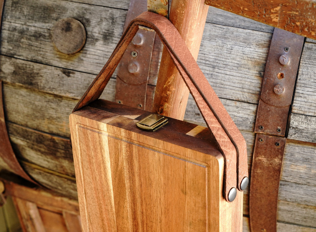 Foldable Cutting / Serving / Picnic Board with Magnetic Internal Utensil Storage and Leather Handles
