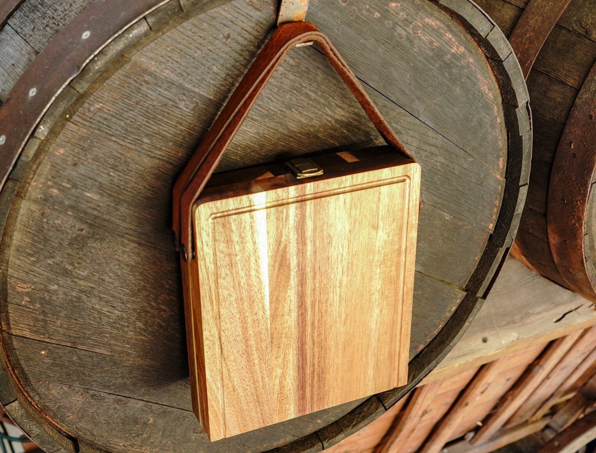 Foldable Cutting / Serving / Picnic Board with Magnetic Internal Utensil Storage and Leather Handles