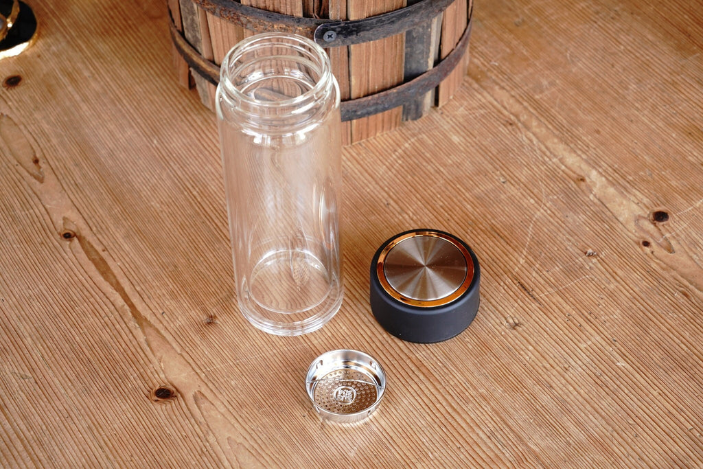 Built in Tea Infuser Glass Tumbler With Black and Gold Closing Lid - Double Walled