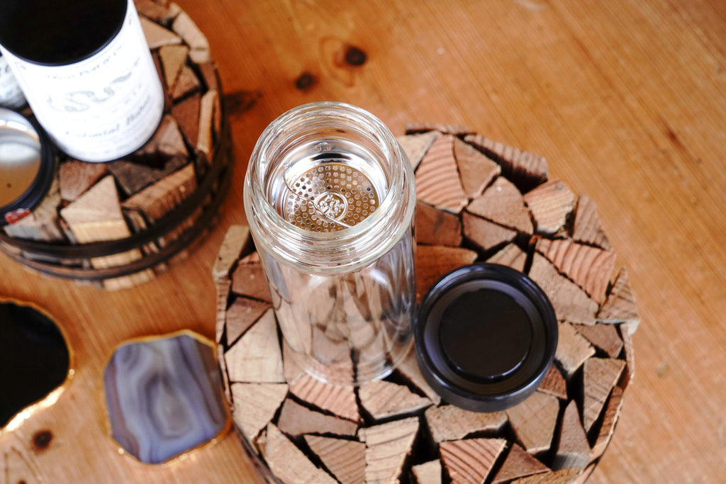 Built in Tea Infuser Glass Tumbler With Black and Gold Closing Lid - Double Walled