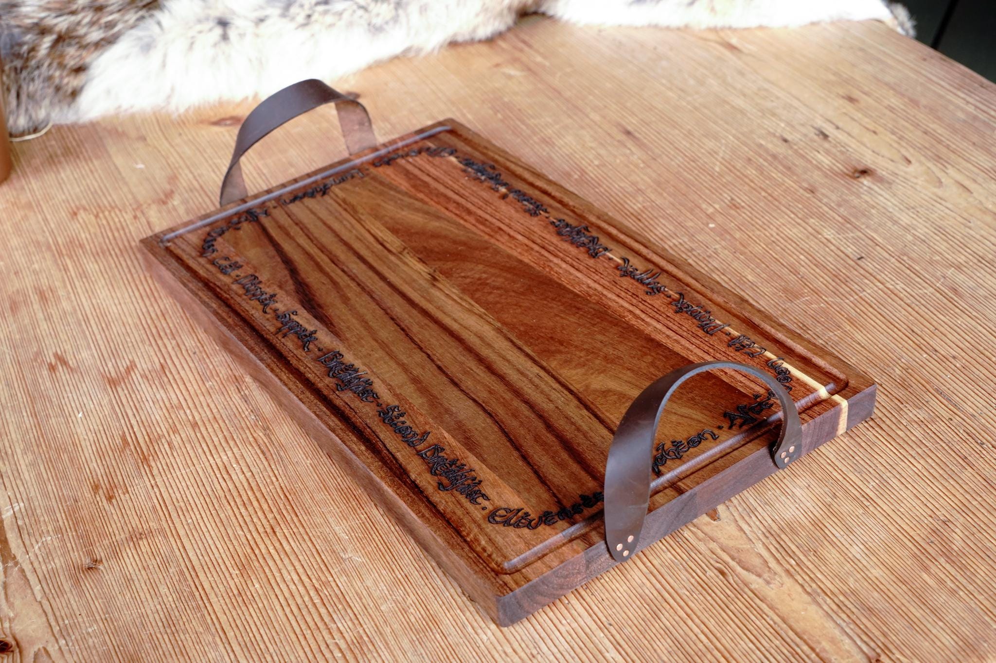 Rustic Hobbit Inspired Leather Handle Serving Charcuterie Plank