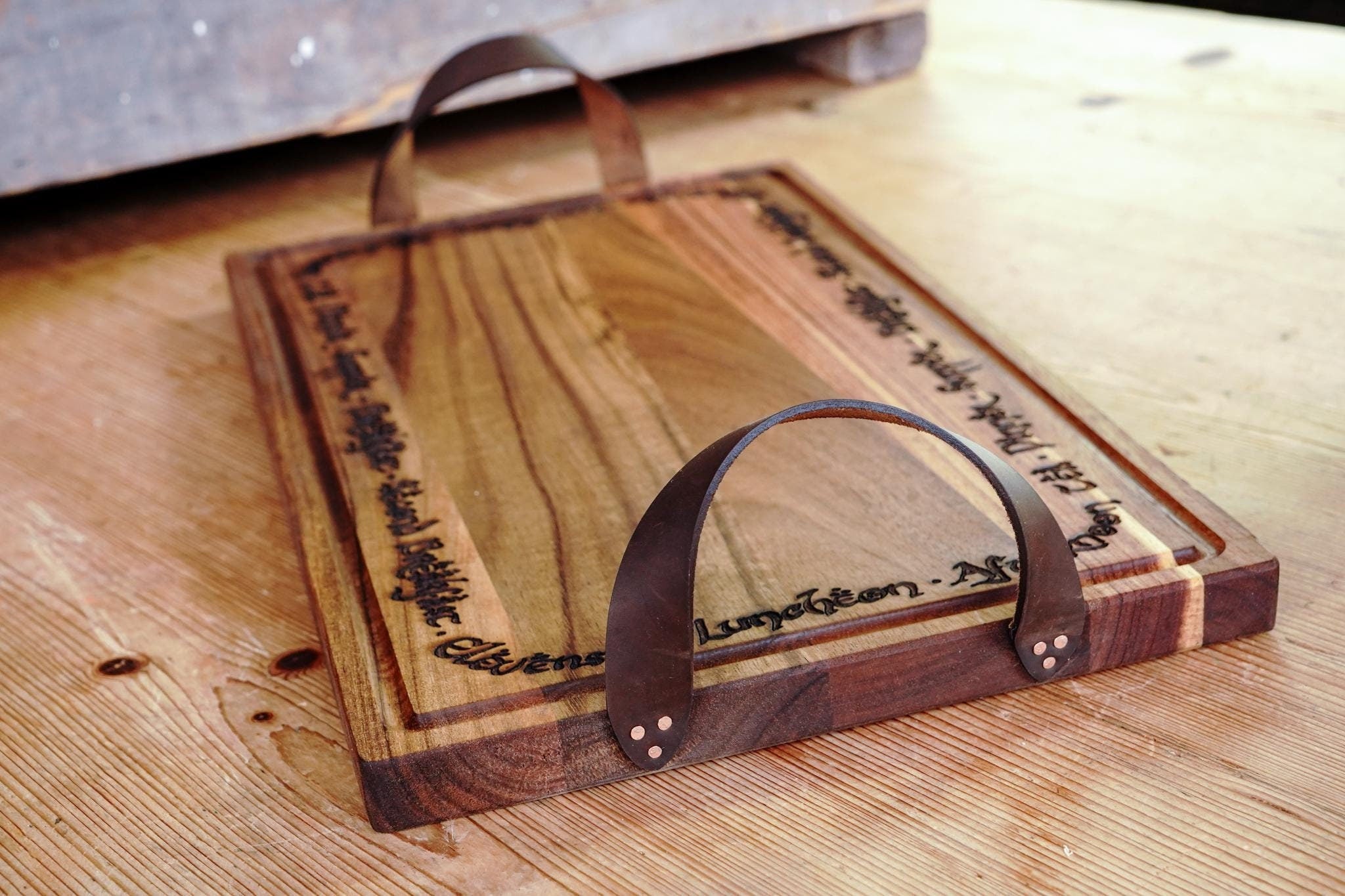 Rustic Hobbit Inspired Leather Handle Serving Charcuterie Plank