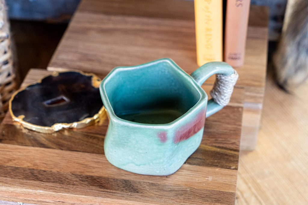 Jade Ceramic Mug W/Rope Wrapped Handle | Rustic Pottery Coffee Cup | Artisan Drinkware