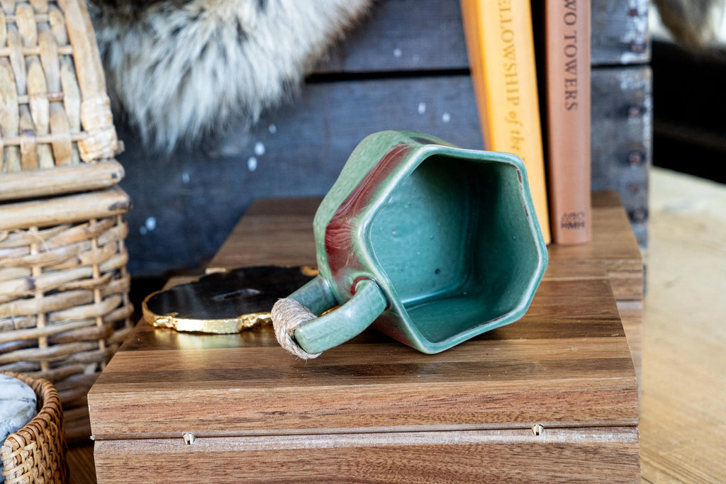 Jade Ceramic Mug W/Rope Wrapped Handle | Rustic Pottery Coffee Cup | Artisan Drinkware