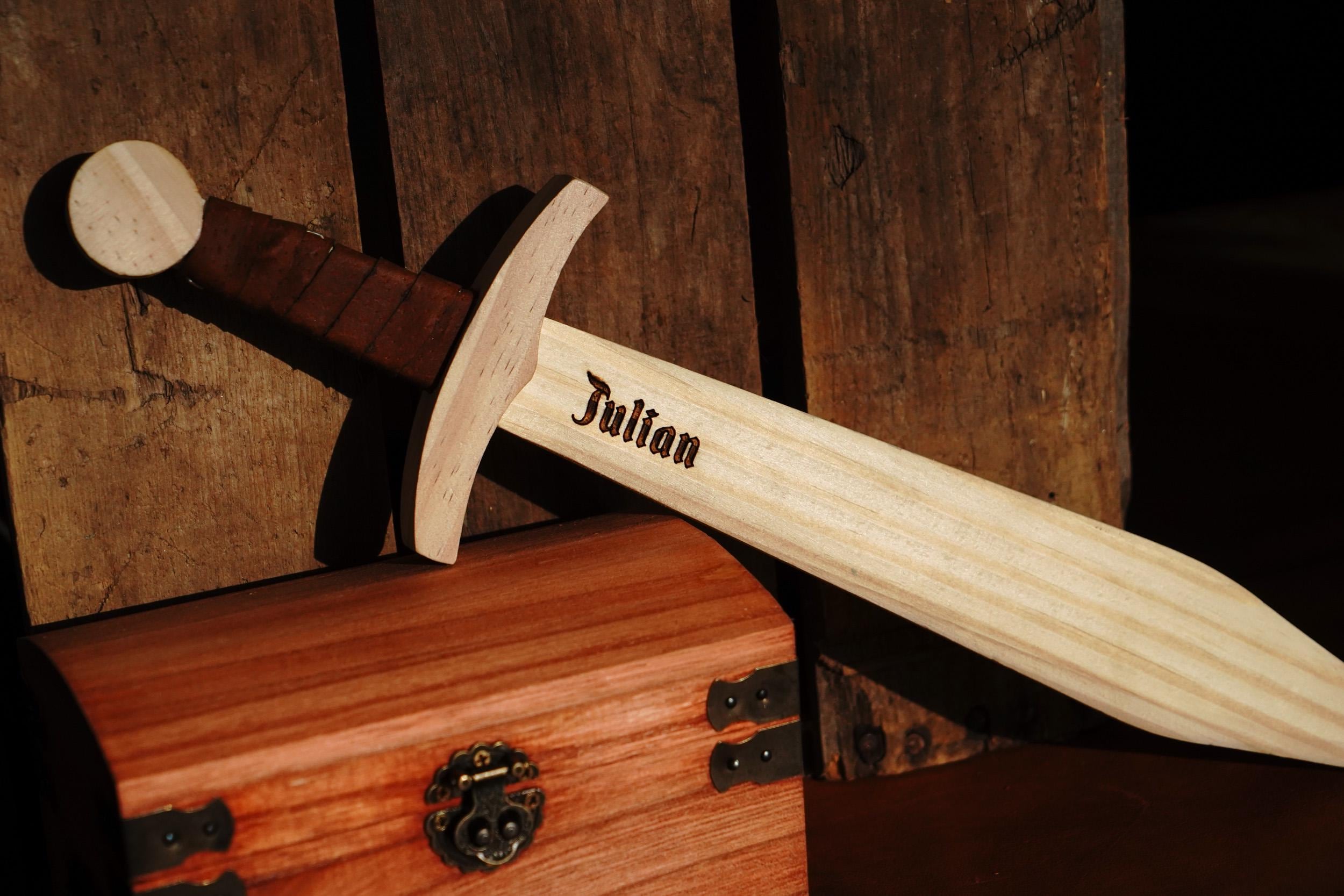 Small Kid's Handcrafted Wooden Toy 16" Short Sword with Leather-Wrapped Handle