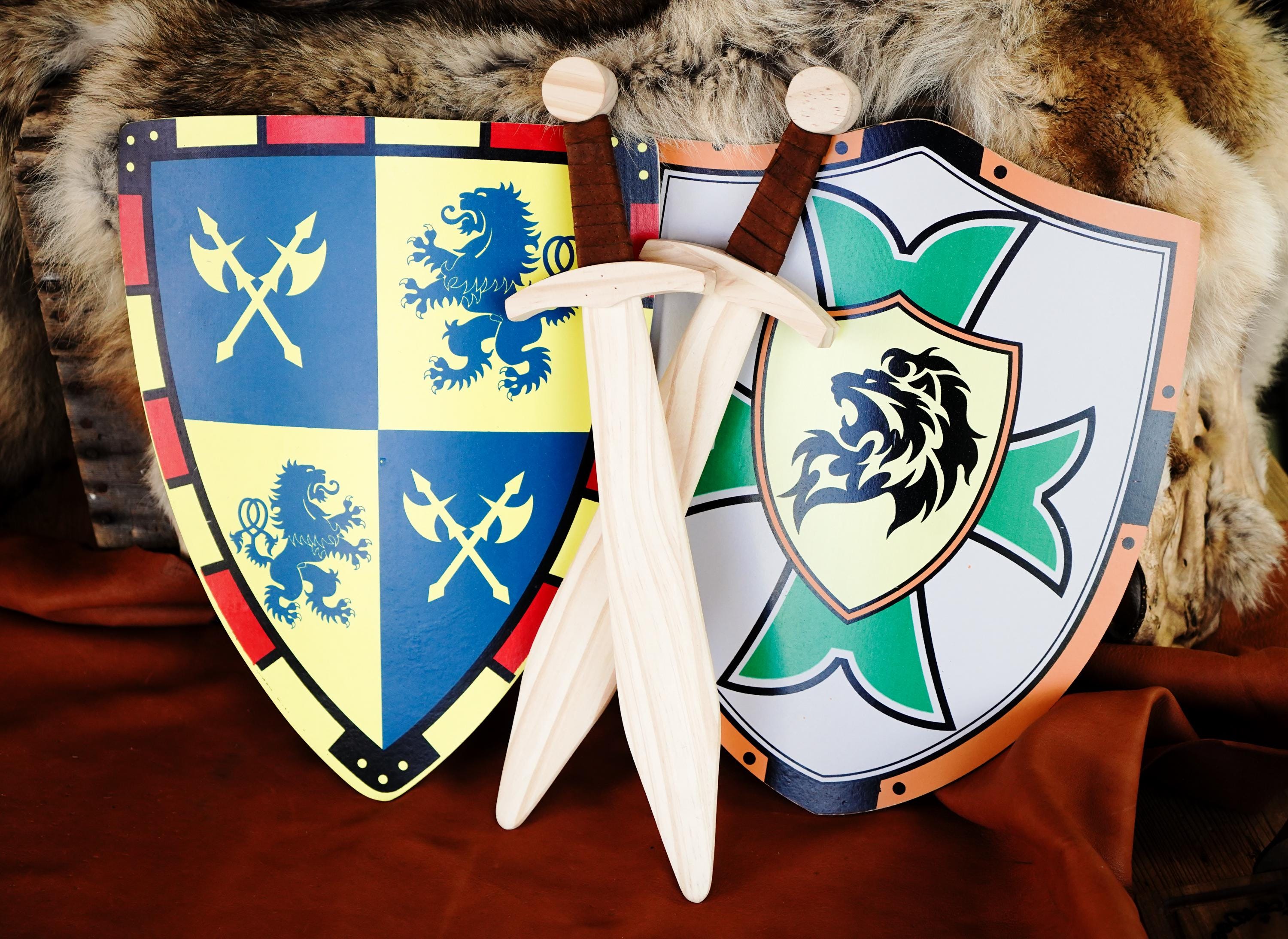 Wooden Sword and Shield Set: Kid's Play Pack with Leather Grip