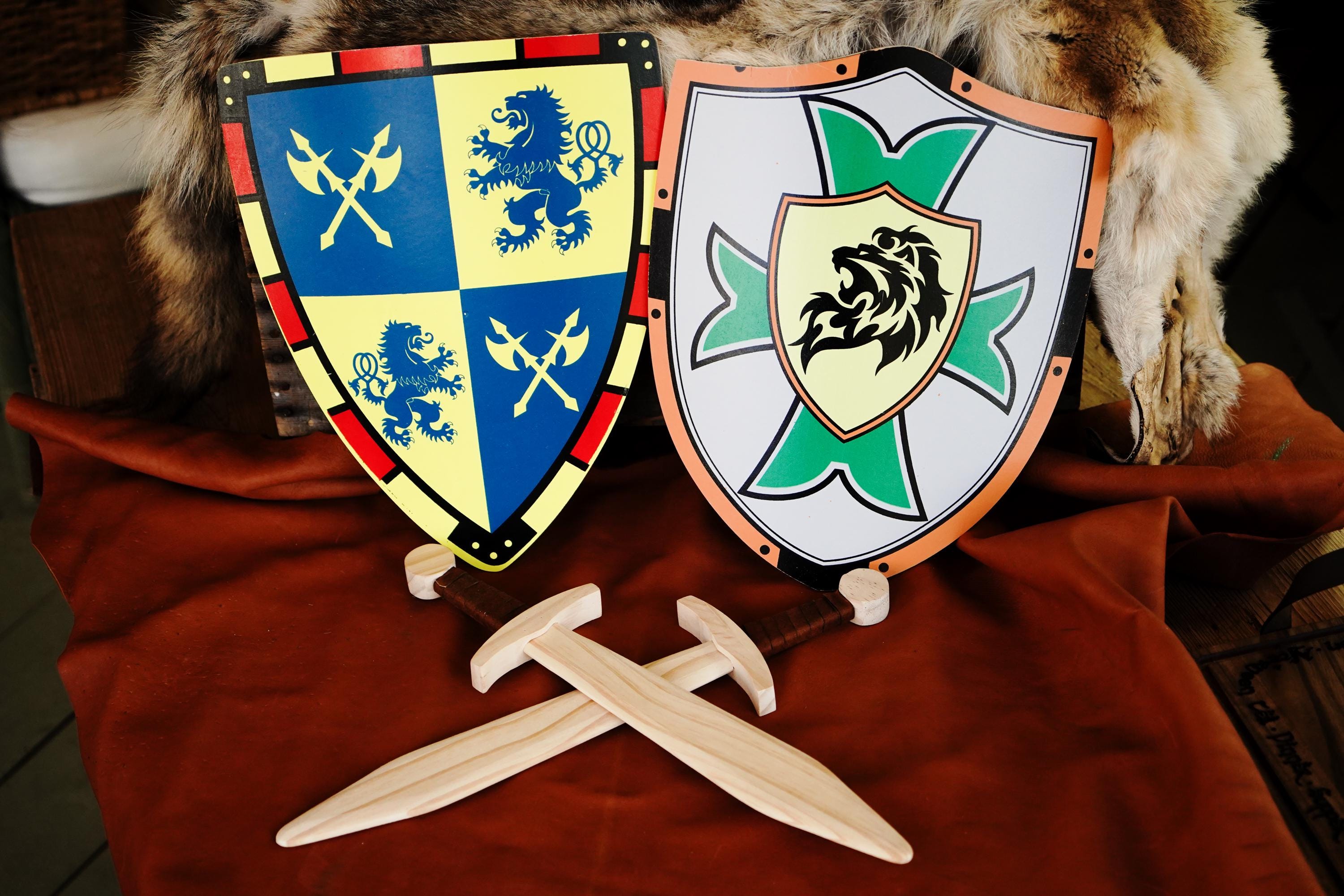 Wooden Sword and Shield Set: Kid's Play Pack with Leather Grip