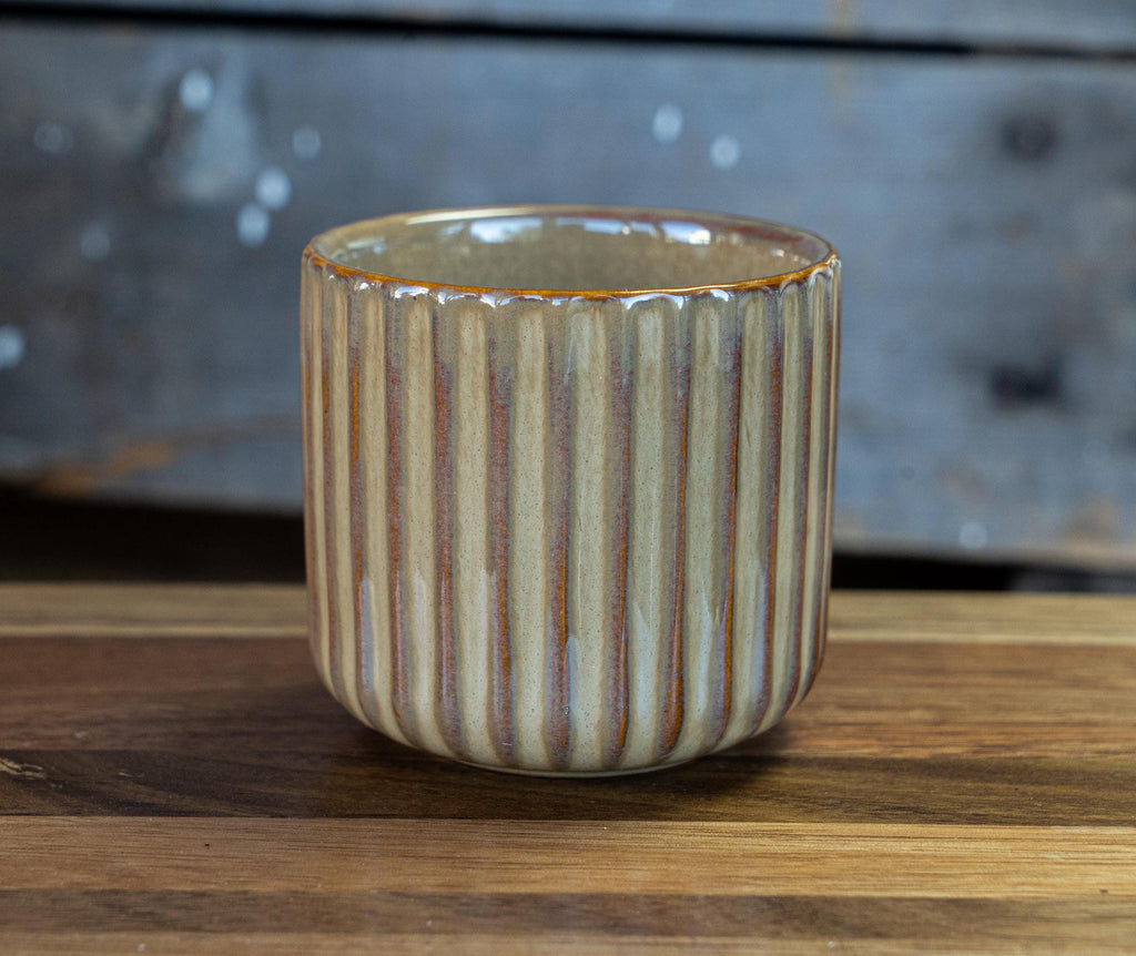 Beige Ribbed Ceramic Coffee Mug: Rustic Stoneware Tea Cup